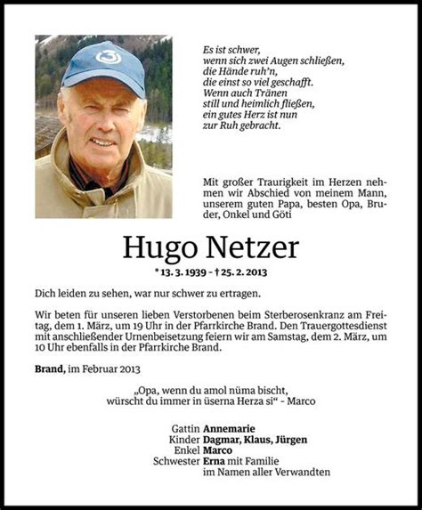 Todesanzeigen Von Hugo Netzer Todesanzeigen Vorarlberger Nachrichten