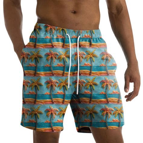 Qwertyu Mens Hawaiian Swim Trunks Palm Tree Tropical Print Summer