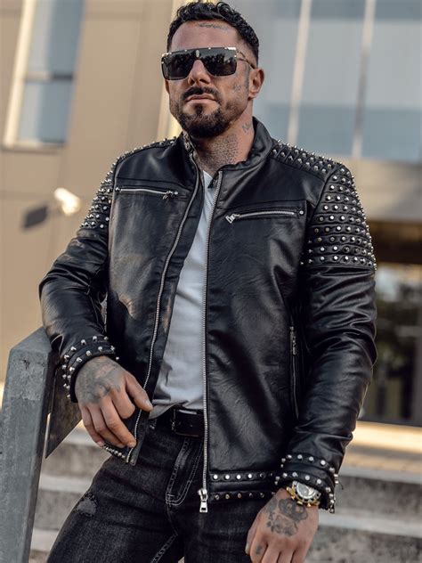 Bolf Herren Kunstlederjacke Mit Nieten Schwarz Z