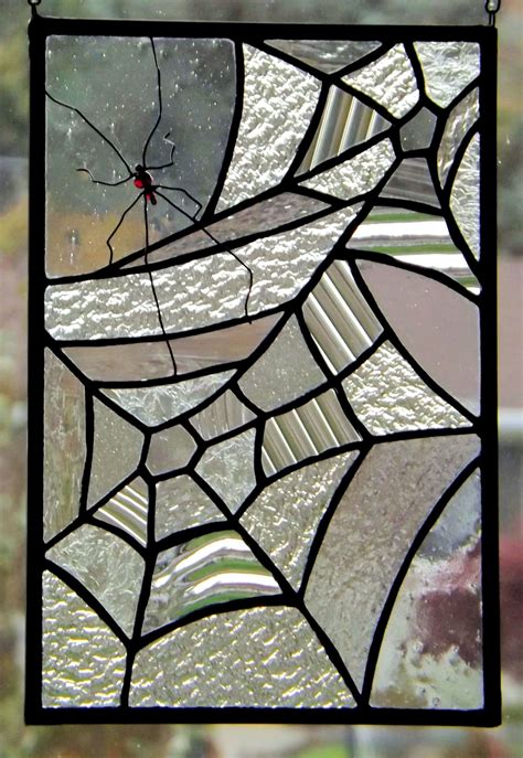 Spinning Stained Glass Spider Web Panel Clear Textured Glass Red Black