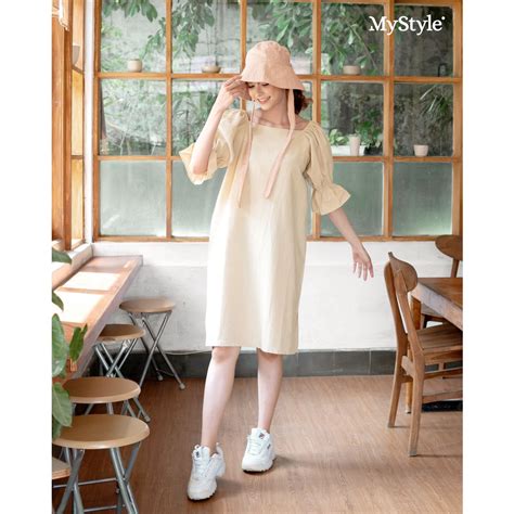 Jual Mystyle Melisa Dress Midi Dress Polos Bahan Linen