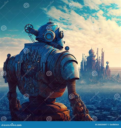 Lonely Robot Looking At The City Far Away On The Horizon. Retro