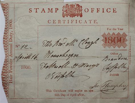 Stamp Office Certificate Hair Powder Annual Duty 1800 The Revd Mr