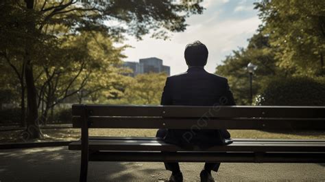 Man In Suit Sitting On Park Bench With Sun At His Back Background Back