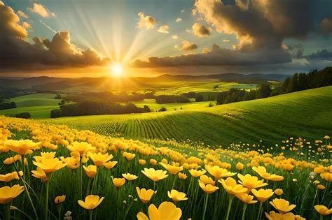 Premium Photo Sunset Over A Field Of Yellow Flowers