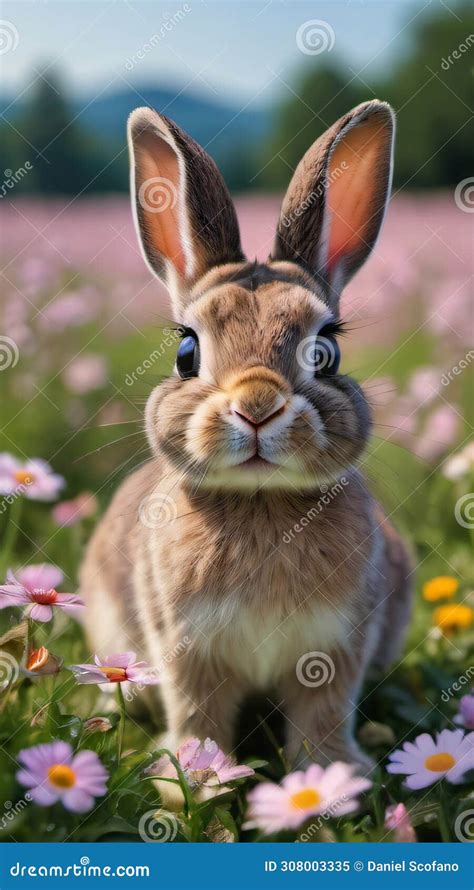 Photo Of Cute Bunny Rabbit With Big Eyes Standing In A Field Of Flowers