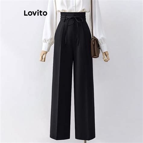 Lovito Elegant Plain Lace Up Pants For Women Lne Brown Black