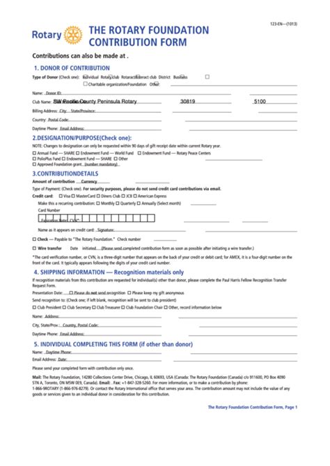 Fillable Form 123 En The Rotary Foundation Contribution Form