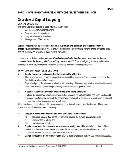 Topic 3 Investment Decision Topic 3 Investment Appraisal Methods