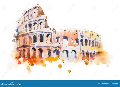 Watercolor Drawing Of Coliseum In Rome Hand Drawn Italian Sightseeing