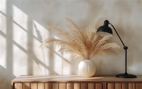 Ai Generated Stylish Lamp And Sun Kissed Pampas Grass On A Wooden