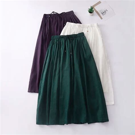 Women Linen Cotton Long Skirts Elastic Waist Lace Up Maxi Dress