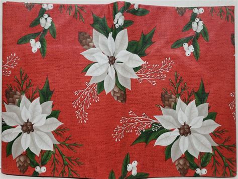 Peva Vinyl Flannel Back Tablecloth 52X70 Oblong XMAS WHITE POINSETTIA