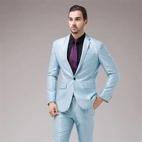 Latest Coat Pant Designs Blue Satin Men Suit Slim Fit 2 Piece Tuxedo