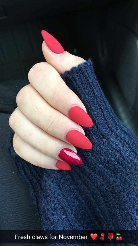 Prefect For Christmas 😍 Matte Red Almond Shaped Nails With Red Glitter Shine Accent Nail Almond