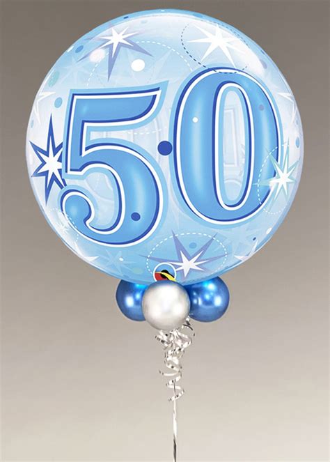 Inflated Blue 50th Birthday Helium Bubble Balloon With Collar