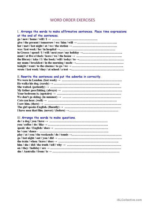 Word Order Exercises English Esl Worksheets Pdf And Doc