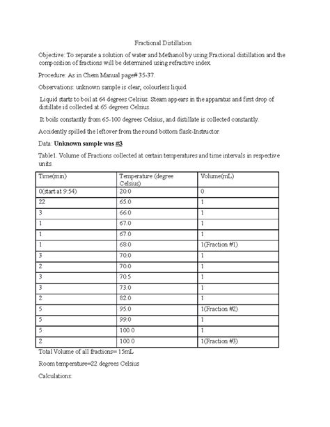 Fractional Distillation Lab Report Fractional Distillation Objective