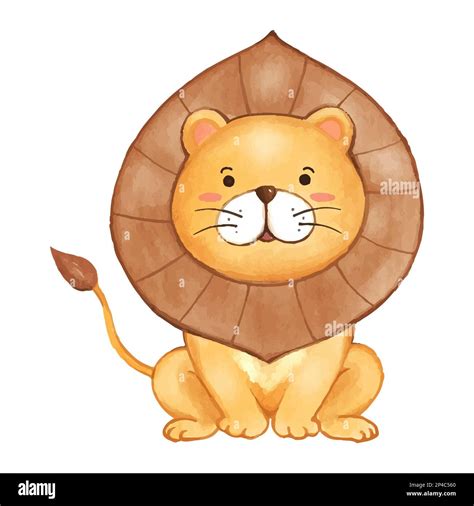 Lion Watercolor Paint Design Cute Animal Cartoon Character Sit