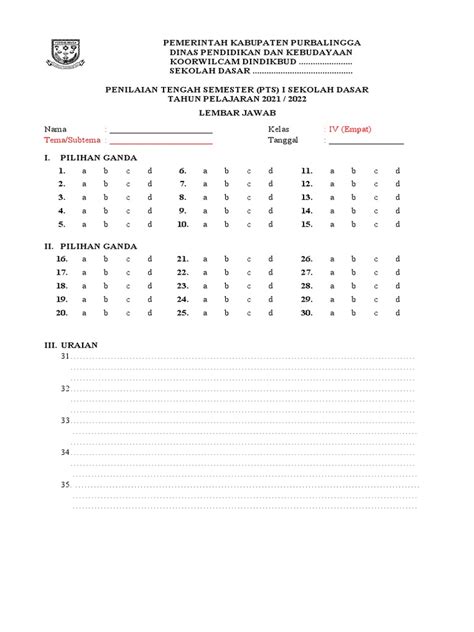 Lembar Jawab Pts I Tematik Pdf