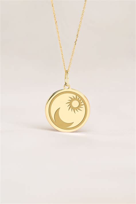 K Solid Gold Moon And Sun Necklace Personalized Celestial Pendant