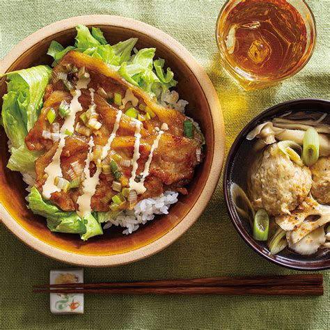 豚のねぎ照り焼き丼 和風マヨソースがけ、まいたけいわし団子汁（2人分）｜だいどこログ 生協パルシステムのレシピサイト