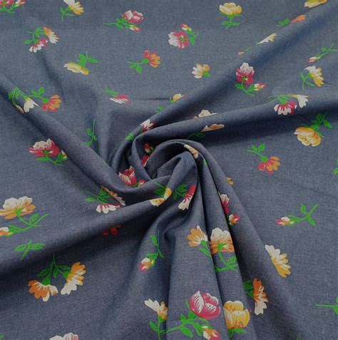 Colourful Flowers Print Denim Chambray Fabric Dressmaking Craft 144cm Wide 100 Cotton