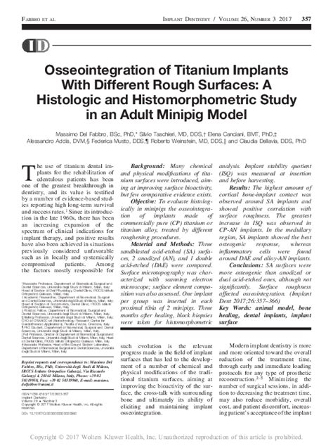 Pdf Osseointegration Of Titanium Implants With Different Rough Surfaces Alessandro Addis