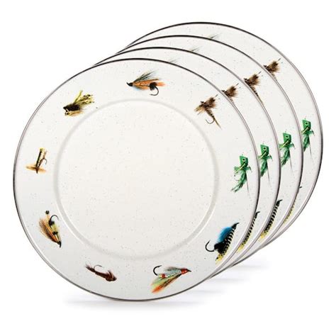 Golden Rabbit Fishing Fly 105 In Enamelware Round Dinner Plates Set