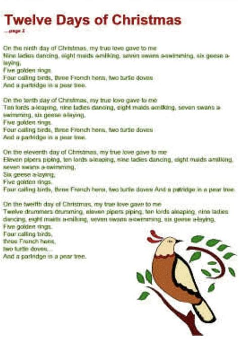 Original 12 Days Of Christmas Lyrics Printable - Printable Online