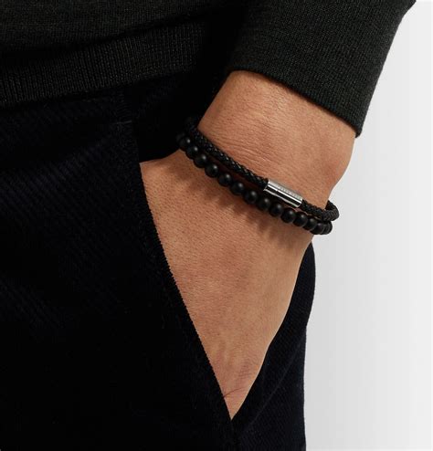 Hugo Boss - Braided Leather and Beaded Wrap Bracelet - Black Hugo Boss