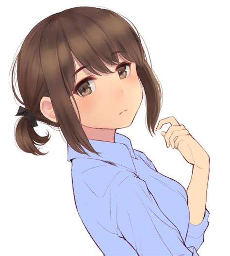 Safebooru 1girl Bangs Black Ribbon Blue Shirt Blush Borrowed Character Breasts Brown Eyes