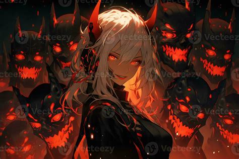 AI Generative Beautiful demon with the eyes lights up in anime style ...