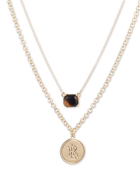 Lauren Ralph Lauren Gold Tone Logo Disc And Tortoise Look Stone Layered Pendant Necklace 16 3