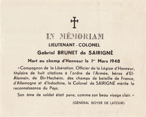 Faire Part de décès du Lieutenant Colonel Gabriel Brunet de Sairigné