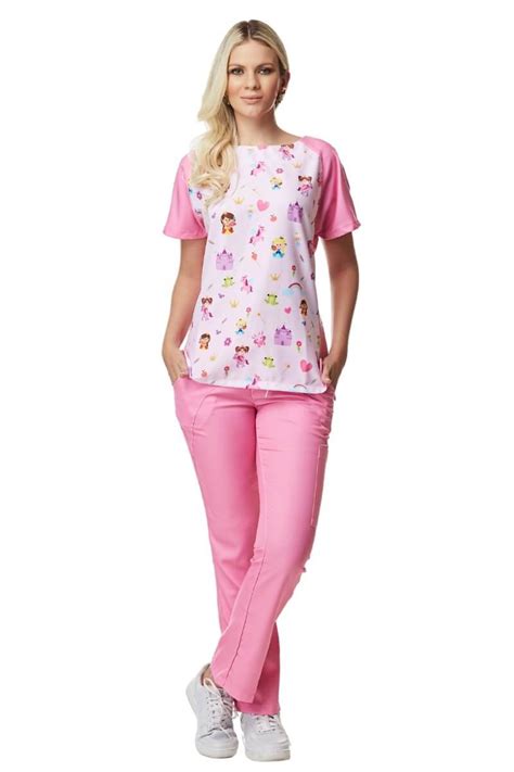 Scrub Pijama Cir Rgico Feminino Estampado Princesas Rosa