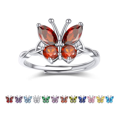 Bestyle 925 Sterling Silver Butterfly Rings July Ruby Birthstone