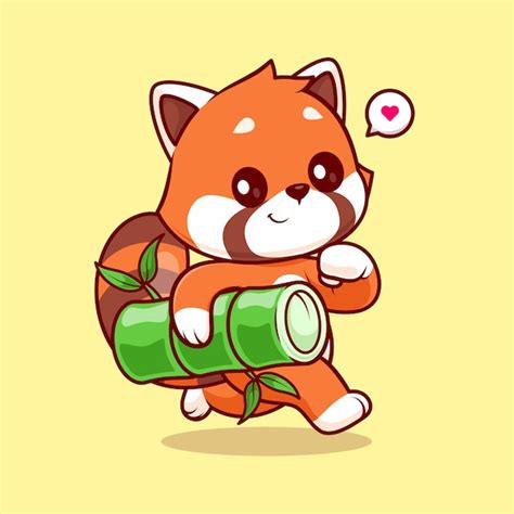 Premium Vector Cute Red Panda Running And Holding Bamboo Cartoon