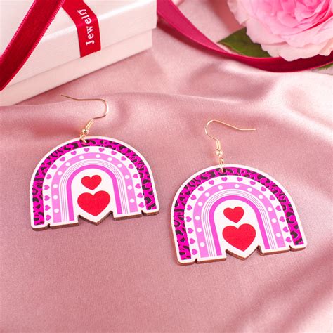 Rose Red Rainbow Heart Pattern Dangle Earrings Cute Y2k Temu United