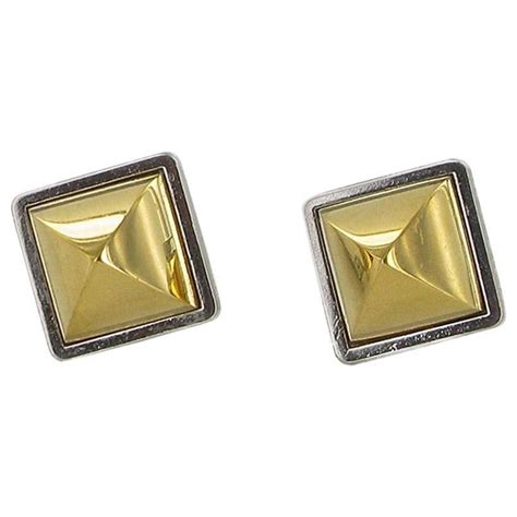 Hermes Vintage M Dor Clip On Earrings In Gilt Metal And Silver Metal