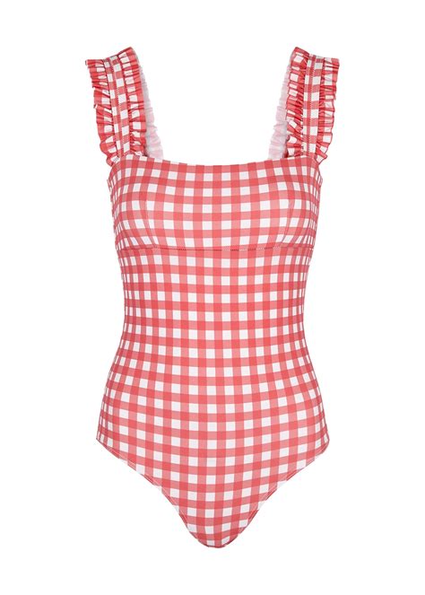 Ephemera Light Blue Gingham Ruffle Trimmed Swimsuit Red Editorialist