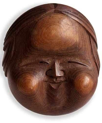 19th Century Japanese Carved Otafuku Wood Mask Netsuke Sig Sukeyoshi