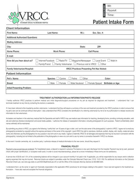 Fillable Online HO Patient Intake Form VRCC Veterinary Specialty Fax