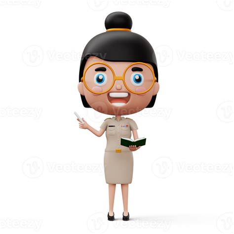 Happy Thai Teacher Wearing Civil Servant Uniform Holding A White Chalk