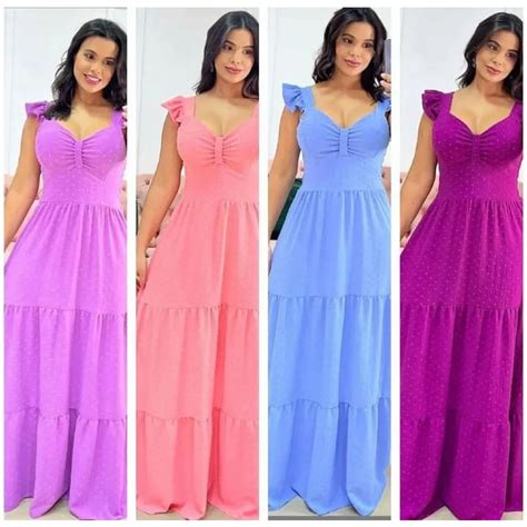 Vestido Longo Luxo Franzido Babada Na Manga Shopee Brasil