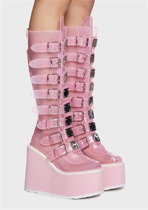 Demonia Knee High Buckle Platform Boots Clear Pink Tpu Pink Combat