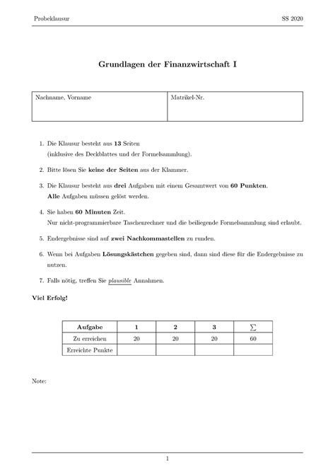 Probeklausur Ss Grundlagen Der Finanzwirtschaft I Nachname