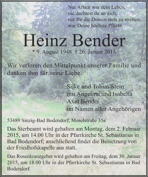 Traueranzeigen Von Heinz Bender Rz Trauer De