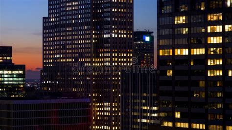 Close Up Spectacular Shot Of Skyscrapers In New York Lighting Up At