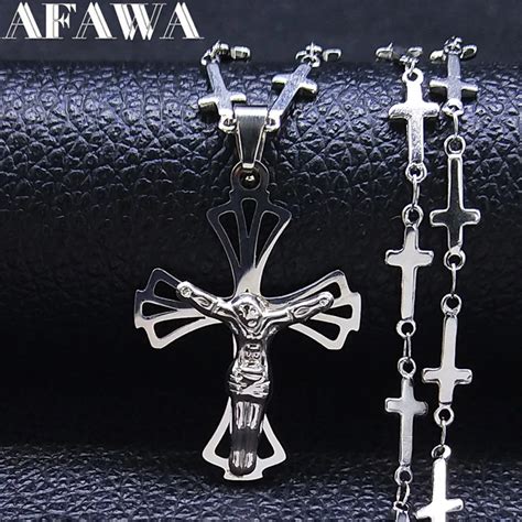 Stainless Steel Jesus Cross Chain Necklaces Womenmen Christian